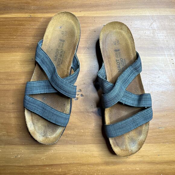 Naot Women's Naomi Gray Tan Black Slip On Criss Cross Wedge Sandal Size 41 - Picture 1 of 7